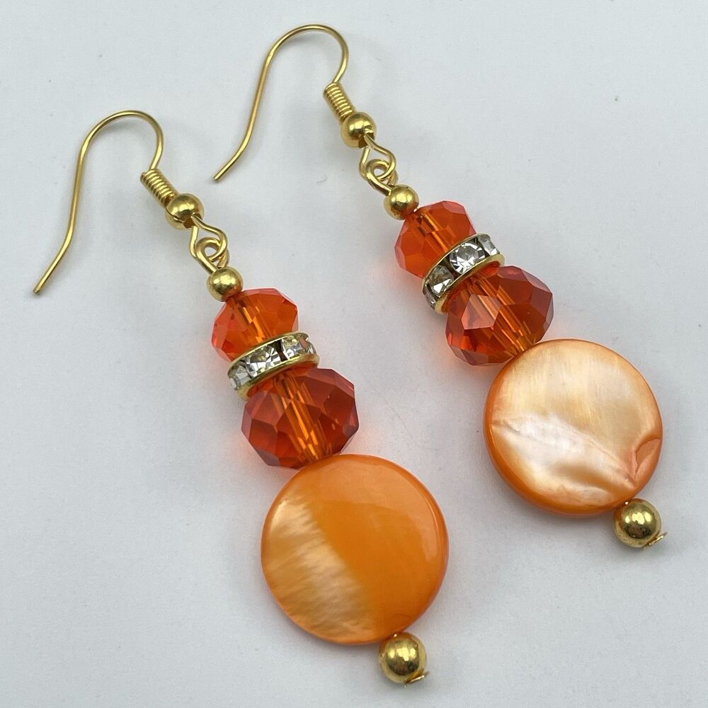 Orange Mother Of Pearl Disc Glass Beaded Gold Tone Earrings Dangle Rhinestones